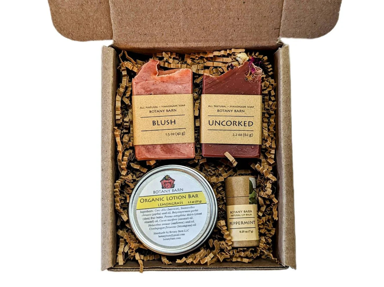 Bath & Body Spa Gift Set. 2 Small Organic Soaps, Jojoba Lotion Bar, Lip Balm. Eco-Friendly Self Care, No Waste Plastic Free Skincare Present