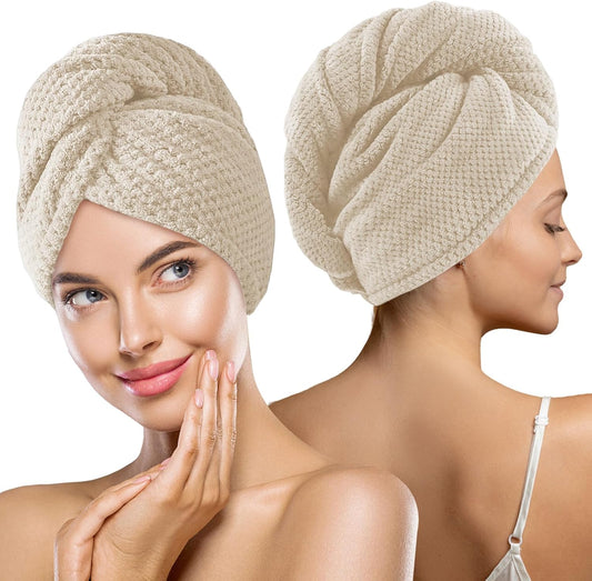 2 Pack Large Microfiber Hair Towel Wrap, Quick Dry Hair Towels for Women Long, Curly, Thick Hair, Super Absorbent Hair Turban for Wet Hair, Khaki