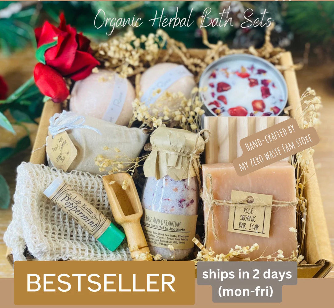 Organic Rose Spa Gift Set: Soy Candle, Bath Soak and Soap
