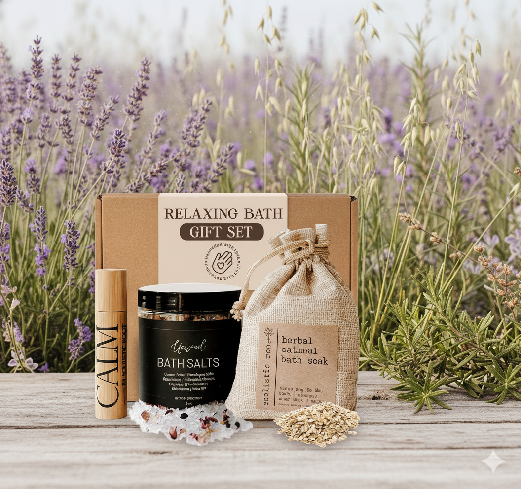 Soulistic Root Relaxing Bath Gift Set. Vegan Aromatherapy Spa Ritual Essential Oil Self-Care Bundle. Clean Beauty Wellness Kit