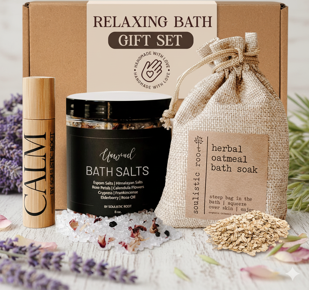 Soulistic Root Relaxing Bath Gift Set. Vegan Aromatherapy Spa Ritual Essential Oil Self-Care Bundle. Clean Beauty Wellness Kit