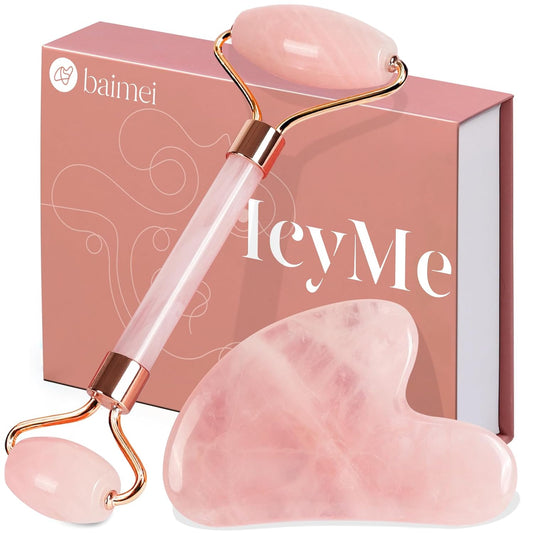 Icyme Jade Roller & Gua Sha, Face Roller Redness Reducing Skin Care Tools, Self Care for Men Women, Massager for Face, Eyes, Neck, Relieve Fine Lines and Wrinkles - Rose Quartz