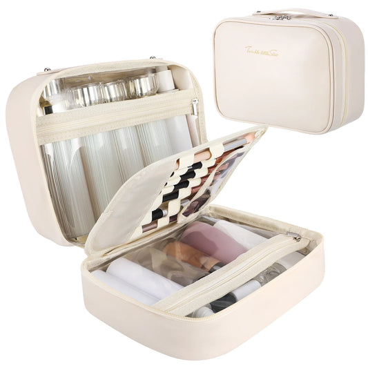 3-In-1 Travel Makeup Bag with Compartments, Large Capacity Waterproof Toiletry Bag with Brush Holders & Dividers, Vegan Leather Portable Cosmetic Organizer for Travel