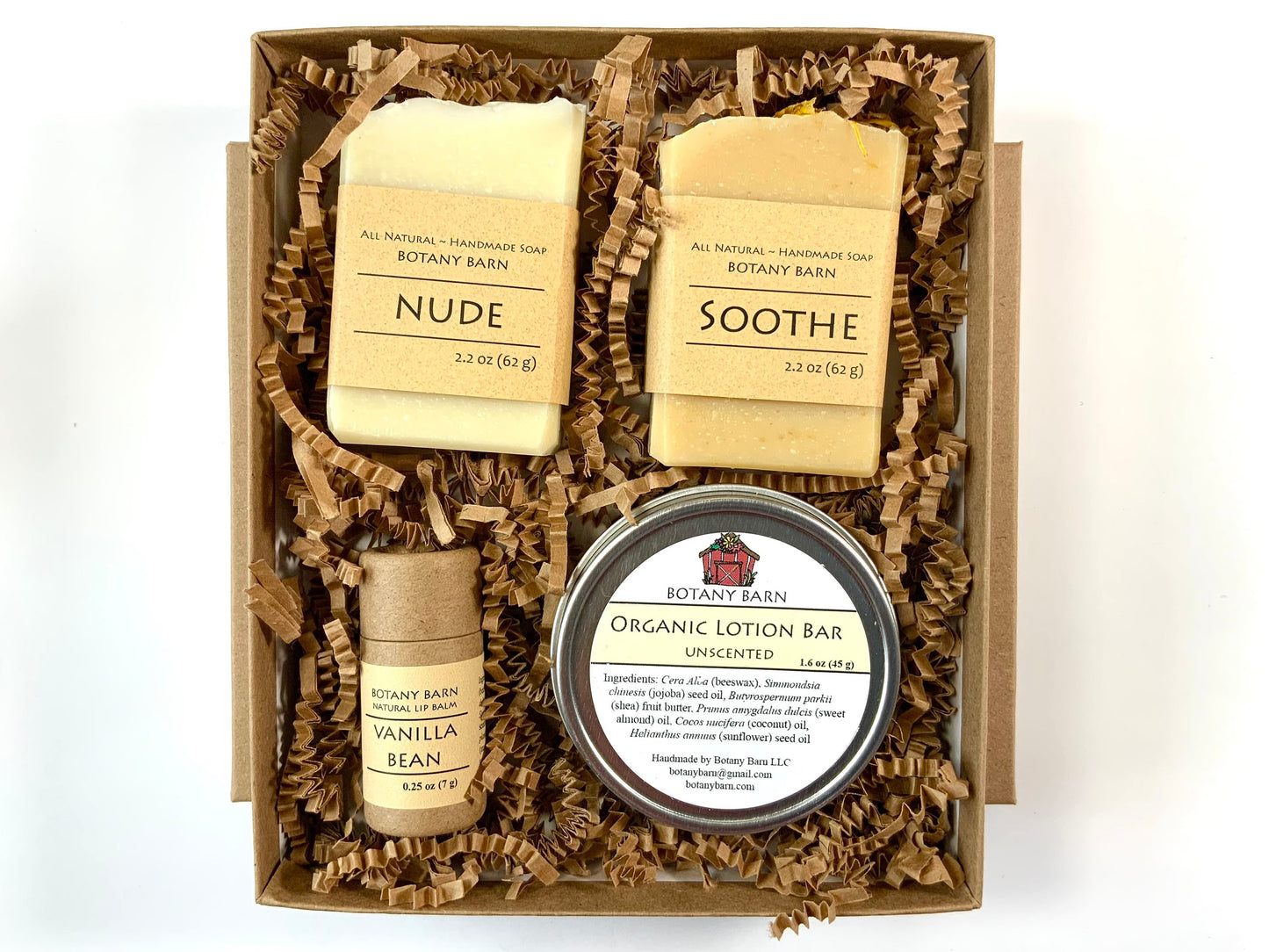 Bath & Body Spa Gift Set. 2 Small Organic Soaps, Jojoba Lotion Bar, Lip Balm. Eco-Friendly Self Care, No Waste Plastic Free Skincare Present