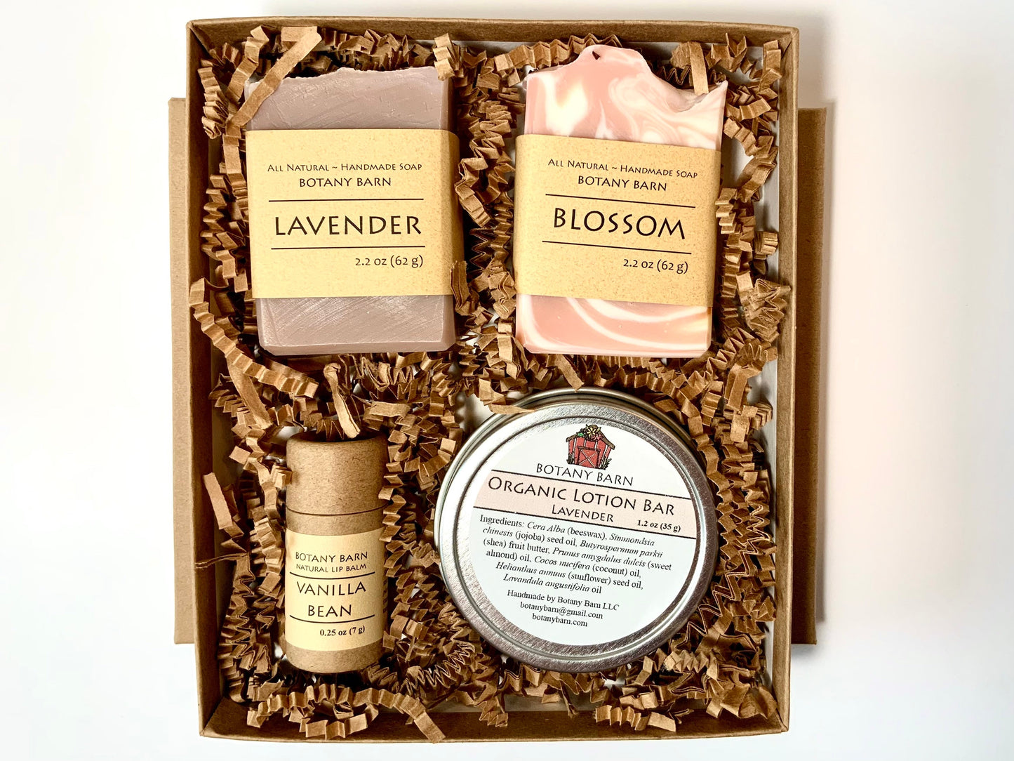 Bath & Body Spa Gift Set. 2 Small Organic Soaps, Jojoba Lotion Bar, Lip Balm. Eco-Friendly Self Care, No Waste Plastic Free Skincare Present