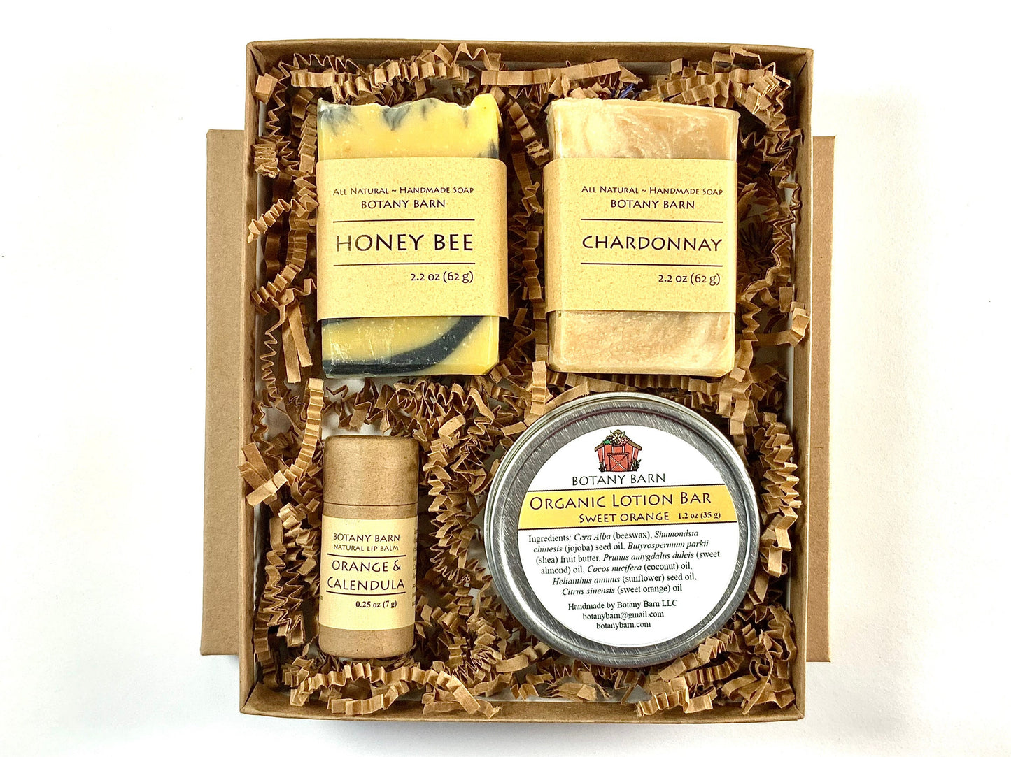 Bath & Body Spa Gift Set. 2 Small Organic Soaps, Jojoba Lotion Bar, Lip Balm. Eco-Friendly Self Care, No Waste Plastic Free Skincare Present