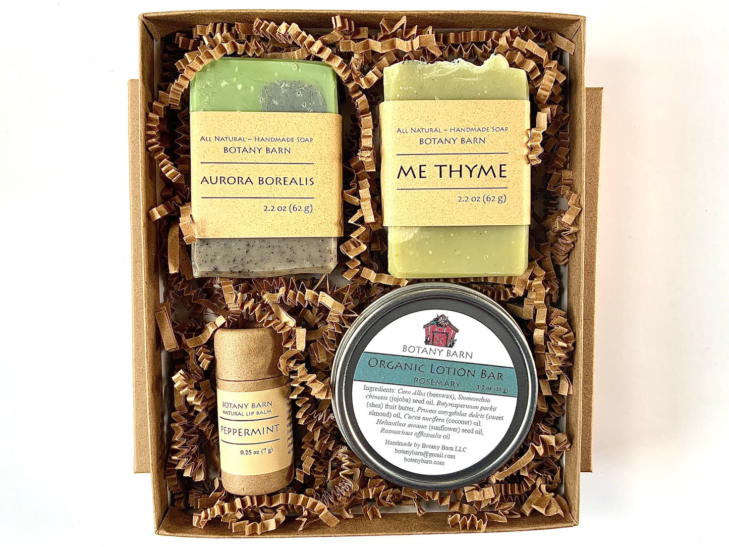 Bath & Body Spa Gift Set. 2 Small Organic Soaps, Jojoba Lotion Bar, Lip Balm. Eco-Friendly Self Care, No Waste Plastic Free Skincare Present
